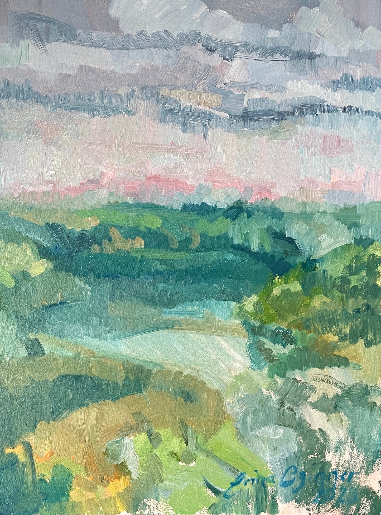 Waterview at dusk, oil on panel (23 x 30.5 cm), framed.