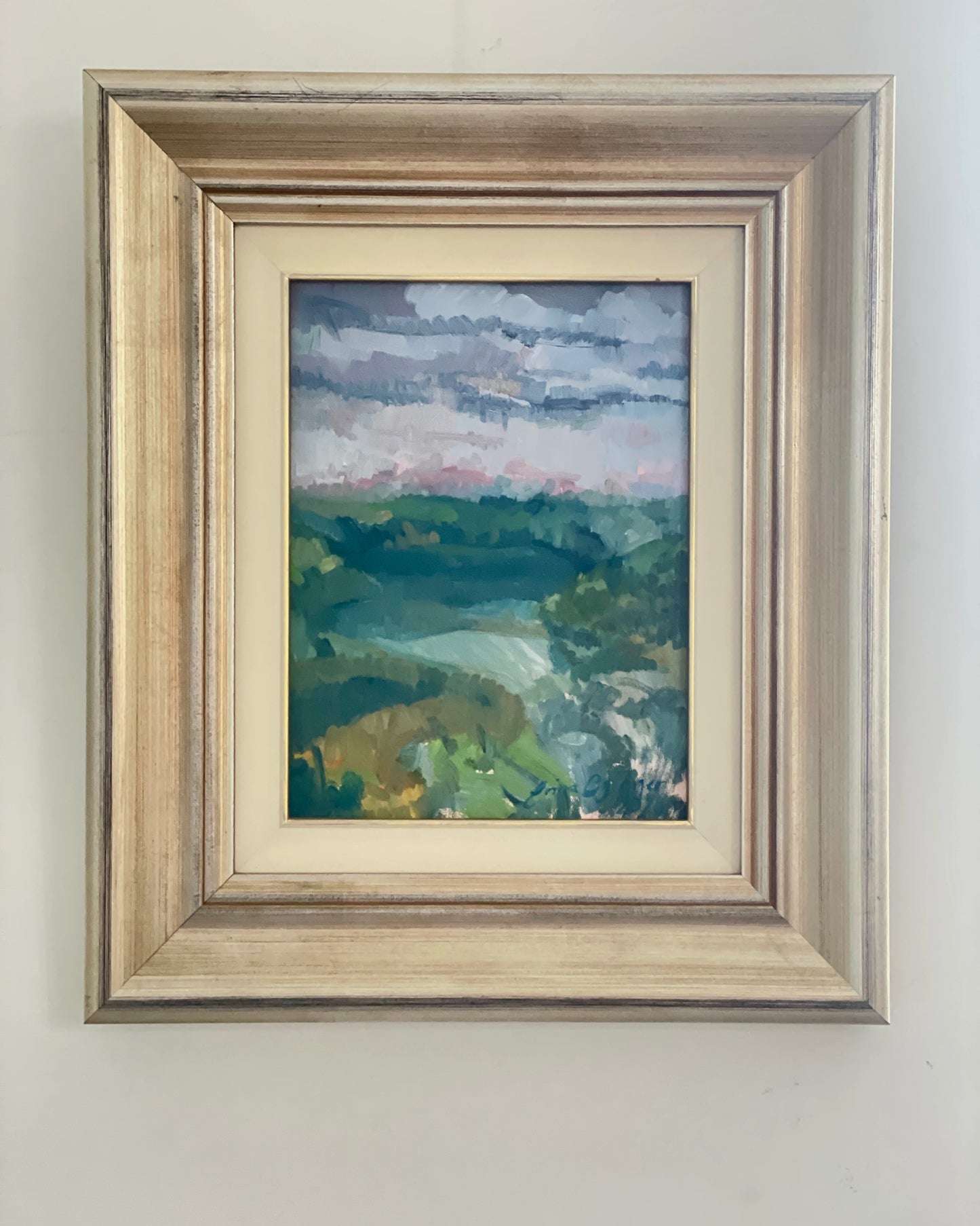 Waterview at dusk, oil on panel (23 x 30.5 cm), framed.